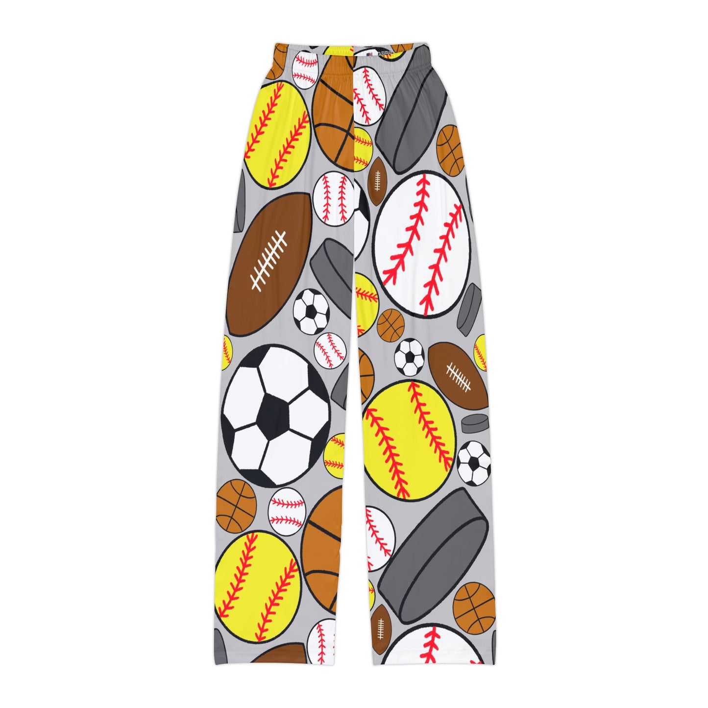 Sports Kids Pajama Pants - Gray Super Soft and Cozy with Soccer Balls, Hockey Pucks, Footballs, and Baseballs