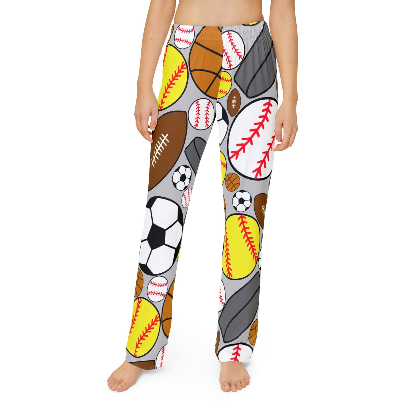 Sports Kids Pajama Pants - Gray Super Soft and Cozy with Soccer Balls, Hockey Pucks, Footballs, and Baseballs