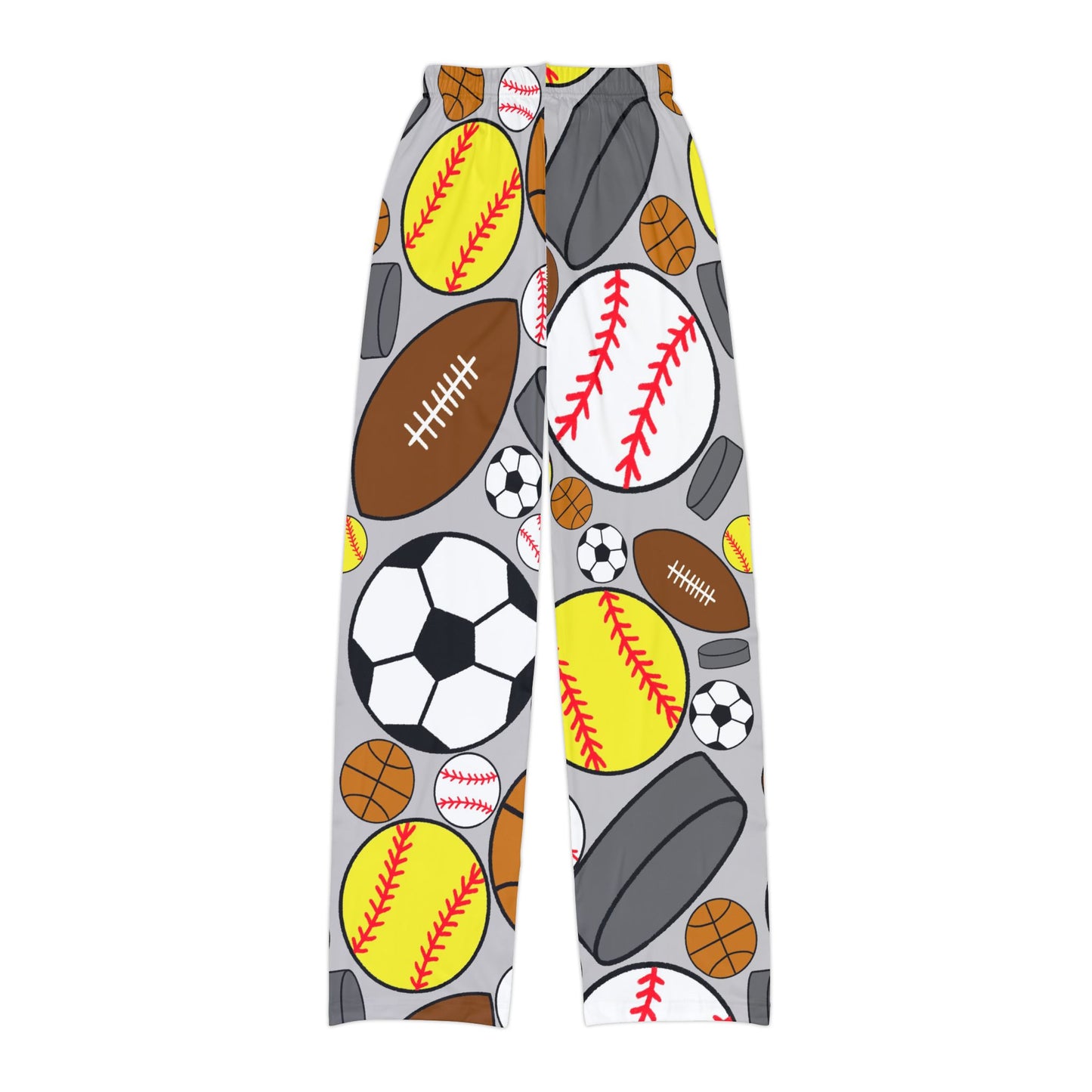 Sports Kids Pajama Pants - Gray Super Soft and Cozy with Soccer Balls, Hockey Pucks, Footballs, and Baseballs